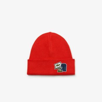 Lacoste Badge Ribbed Wool Beanie - Čepice Pánské Červené | CZ-gqSJeJ